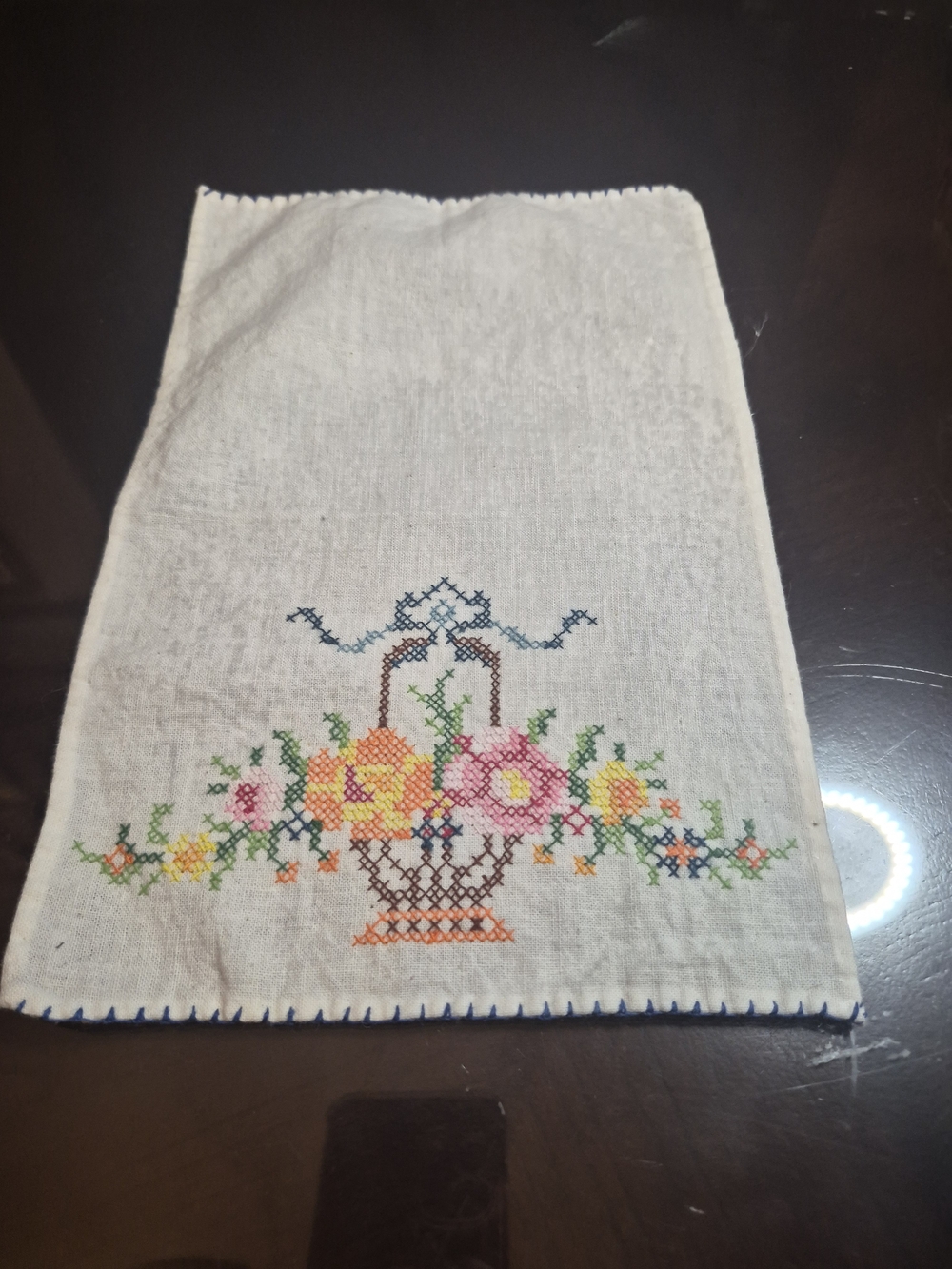 Hand-Embroidered Floral Basket Linen Sachet - White